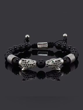 Men’s Black Bead Bracelet with Silver Lion Heads
